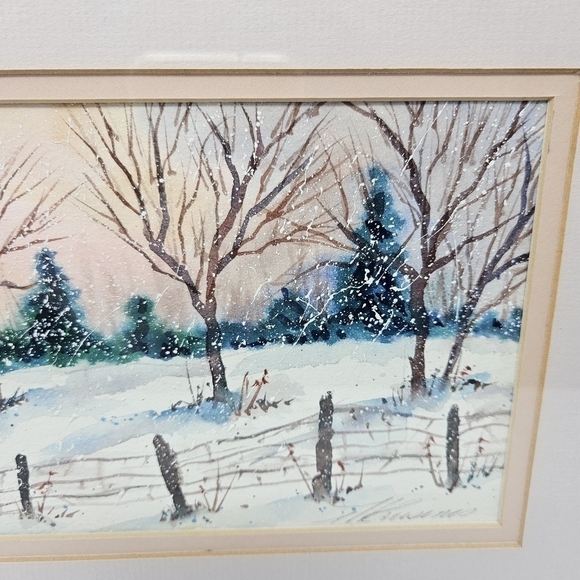 Watercolor Painting Winter Country Scene With Fence & Snow Artist Signed 12 x 10 - Picture 4 of 7